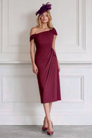 Load image into Gallery viewer, Burgundy Satin Pencil One Shoulder Midi Mother of the Bride Dress