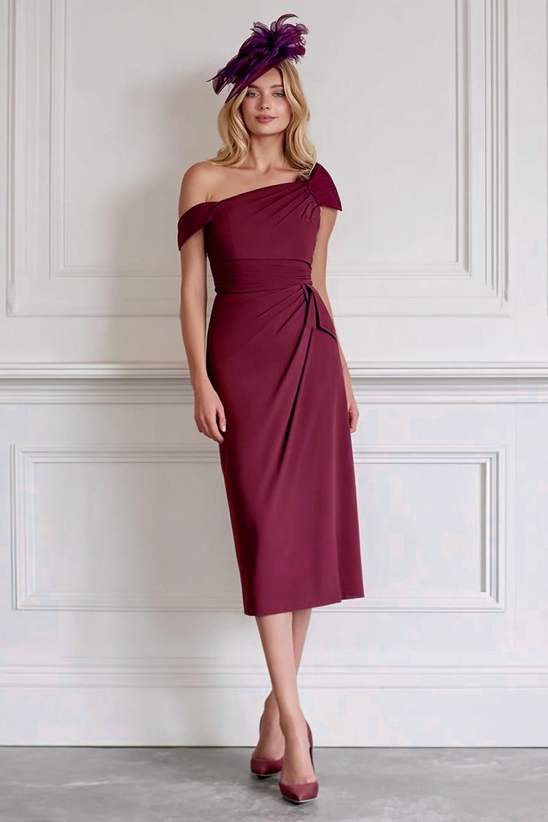 Load image into Gallery viewer, Burgundy Satin Pencil One Shoulder Midi Mother of the Bride Dress