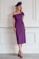 Load image into Gallery viewer, Burgundy Satin Pencil One Shoulder Midi Mother of the Bride Dress