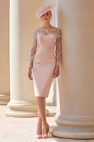 Load image into Gallery viewer, Blush Pink Bodycon Illusion Boat Neck Midi Mother of the Bride Dress with Lace