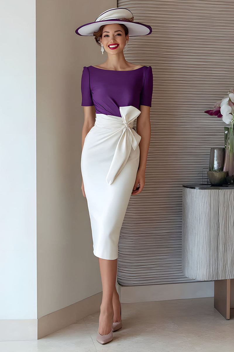 Load image into Gallery viewer, Grape Pencil Chiffon Boat Neck Midi Mother of the Bride Dress with Bow