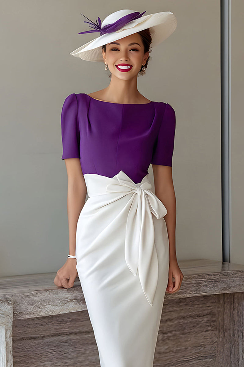 Load image into Gallery viewer, Grape Pencil Chiffon Boat Neck Midi Mother of the Bride Dress with Bow