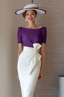 Load image into Gallery viewer, Grape Pencil Chiffon Boat Neck Midi Mother of the Bride Dress with Bow