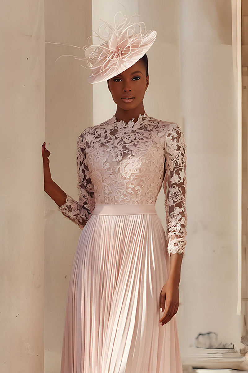 Load image into Gallery viewer, Blush Pink Chiffon A Line Pleated Midi Mother of the Bride Dress with Lace