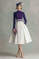Load image into Gallery viewer, Plum Satin A Line High Neck Midi Mother of the Bride Dress with Sleeves