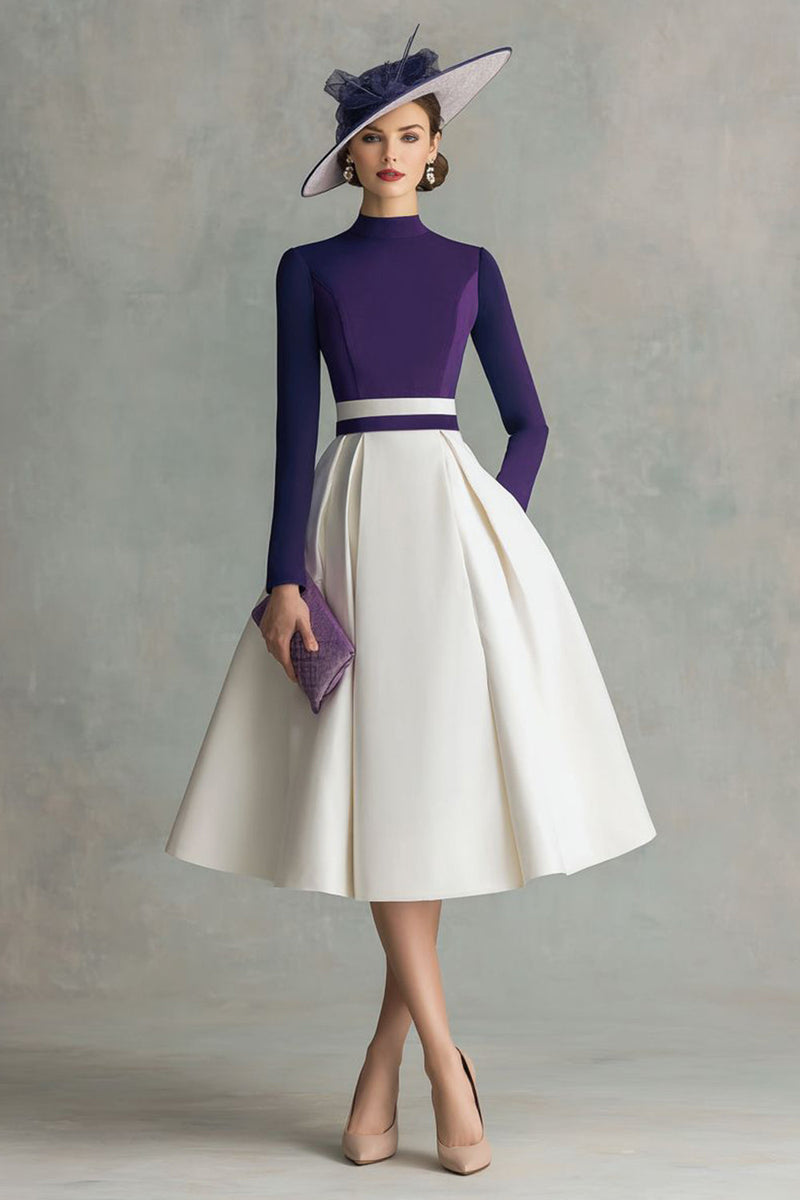 Load image into Gallery viewer, Plum Satin A Line High Neck Midi Mother of the Bride Dress with Sleeves