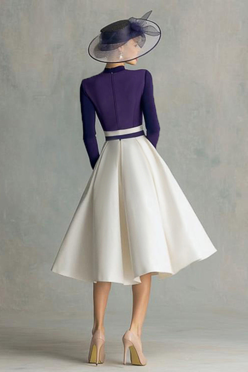 Load image into Gallery viewer, Plum Satin A Line High Neck Midi Mother of the Bride Dress with Sleeves
