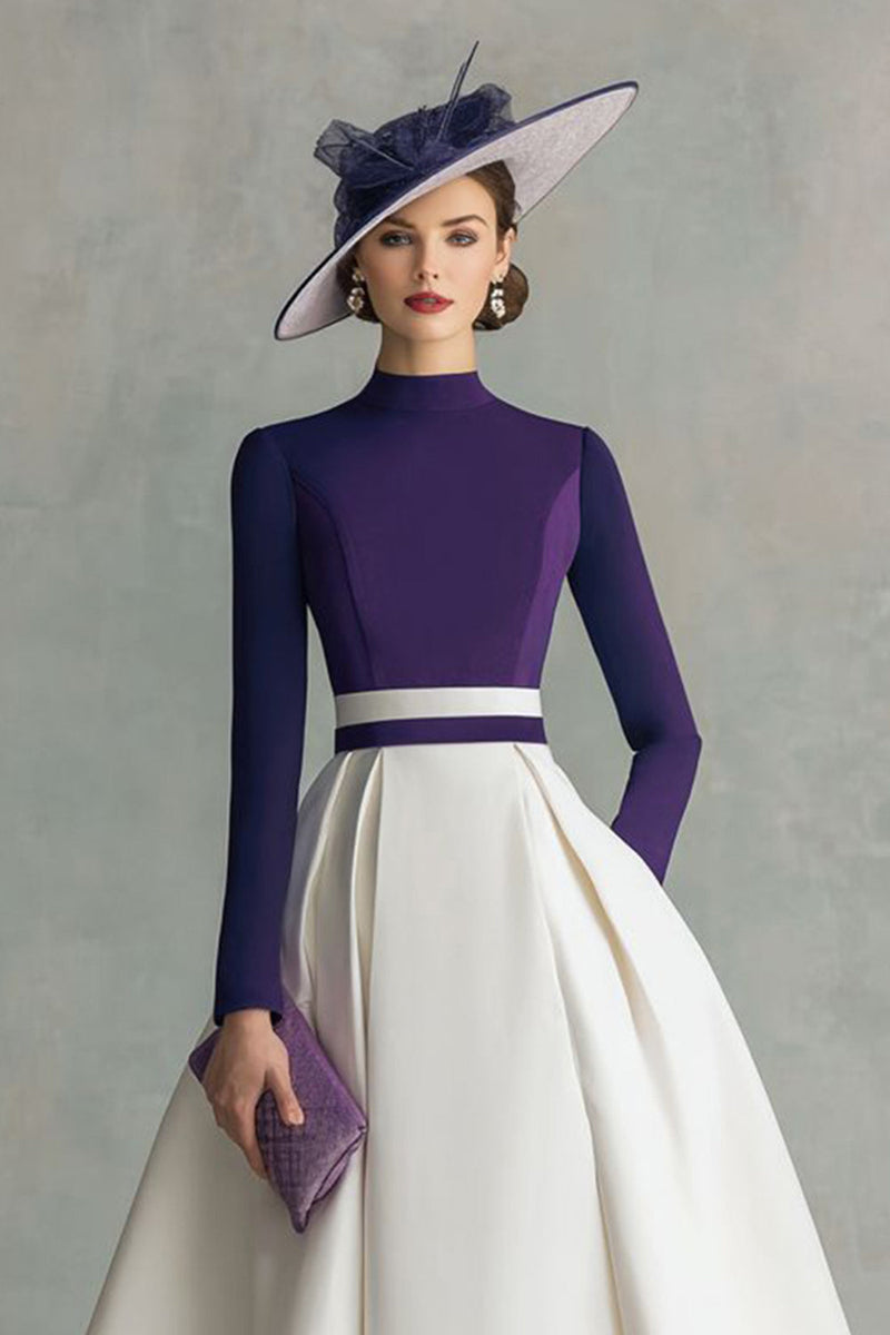 Load image into Gallery viewer, Plum Satin A Line High Neck Midi Mother of the Bride Dress with Sleeves