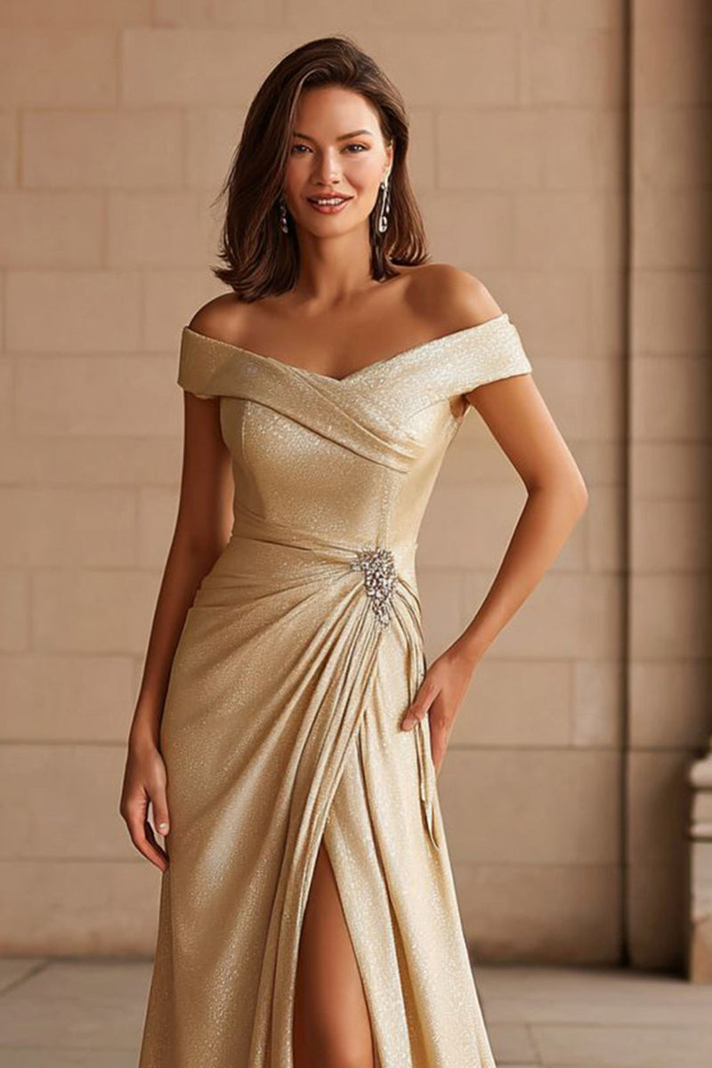 Load image into Gallery viewer, Champagne Metallic Off the Shoulder Long Mother of the Bride Dress with Slit