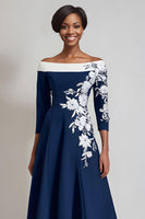 Load image into Gallery viewer, Floral Navy A Line Satin Midi Mother of the Bride Dress with Appliques