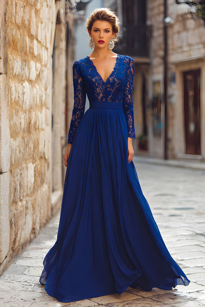 Load image into Gallery viewer, Dark Blue Chiffon V-Neck Long Sleeves Mother of the Bride Dress with Lace