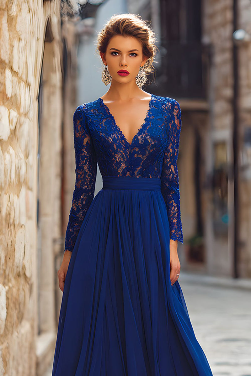 Load image into Gallery viewer, Dark Blue Chiffon V-Neck Long Sleeves Mother of the Bride Dress with Lace