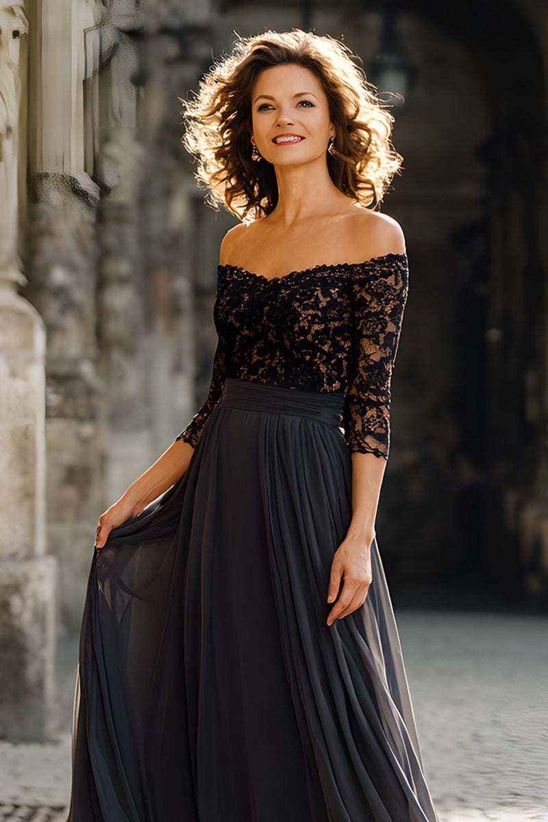 Load image into Gallery viewer, Black Off the Shoulder Chiffon Long Mother of the Bride Dress with Lace