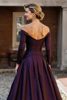 Plum Taffeta A Line Off the Shoulder Long Sleeves Mother of the Bride Dress