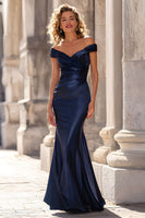 Load image into Gallery viewer, Navy Taffeta Mermaid Off the Shoulder Long Mother of the Bride Dress