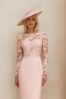 Blush Pink Pencil Illusion Boat Neck Midi Mother of the Bride Dress with Lace