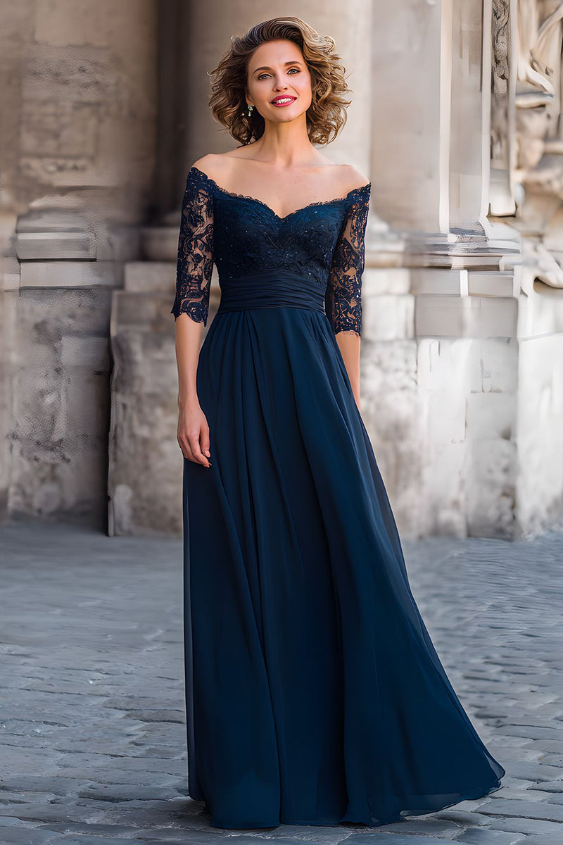 Load image into Gallery viewer, Navy A Line Off the Shoulder Long Mother of the Bride Dress with Lace