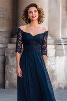 Load image into Gallery viewer, Navy A Line Off the Shoulder Long Mother of the Bride Dress with Lace