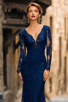 Load image into Gallery viewer, Navy Lace Mermaid V-Neck Long Sleeves Mother of the Bride Dress