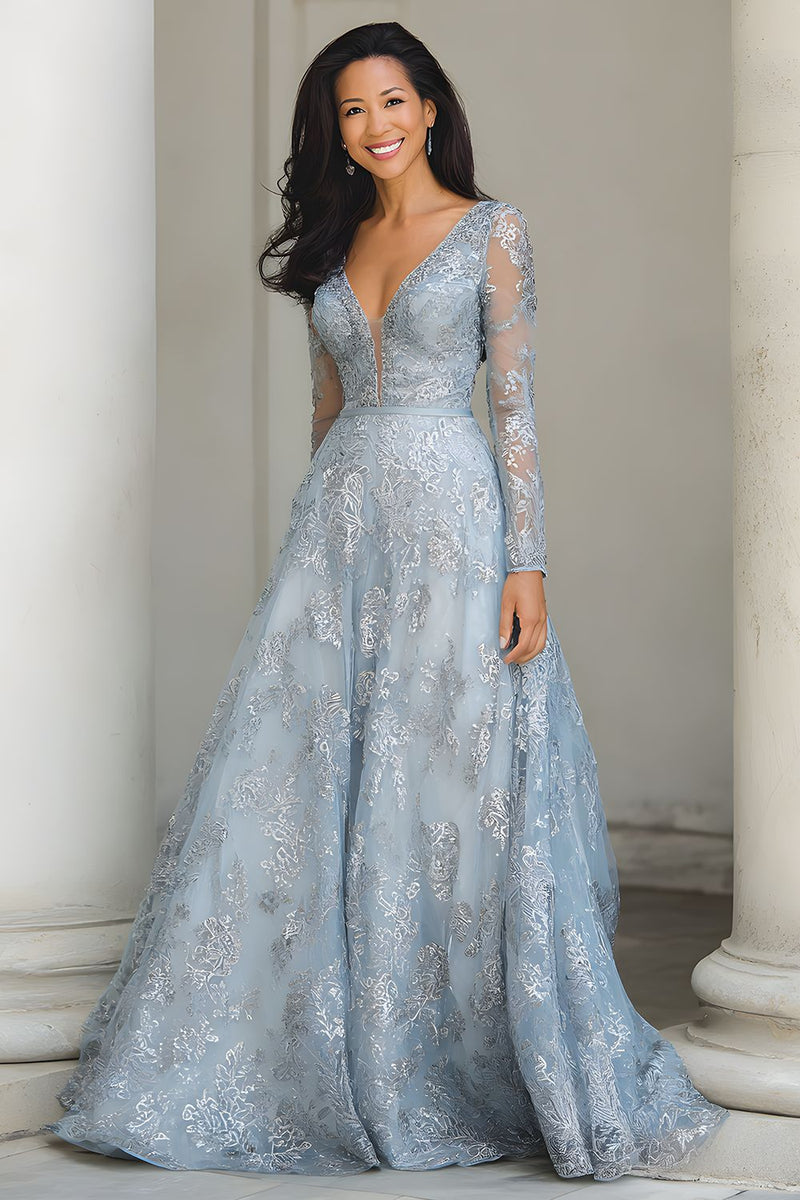 Load image into Gallery viewer, Blue and Silver Lace A Line V-Neck Long Mother of the Bride Dress with Sleeves