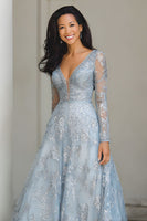 Load image into Gallery viewer, Blue and Silver Lace A Line V-Neck Long Mother of the Bride Dress with Sleeves
