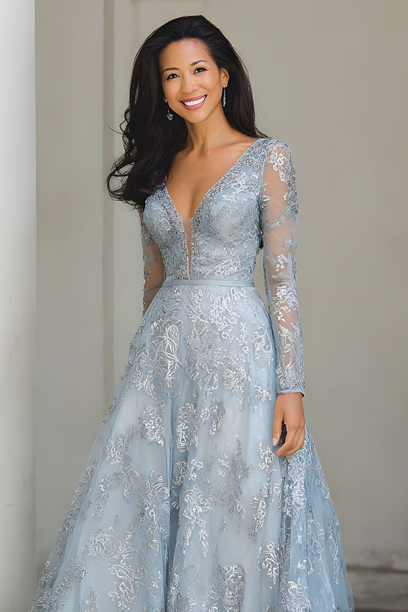 Load image into Gallery viewer, Blue and Silver Lace A Line V-Neck Long Mother of the Bride Dress with Sleeves
