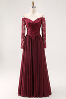 Load image into Gallery viewer, Plum Chiffon A Line Long Sleeves Mother of the Bride Dress with Lace