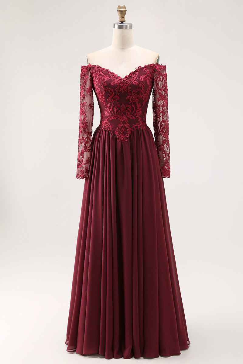 Load image into Gallery viewer, Plum Chiffon A Line Long Sleeves Mother of the Bride Dress with Lace