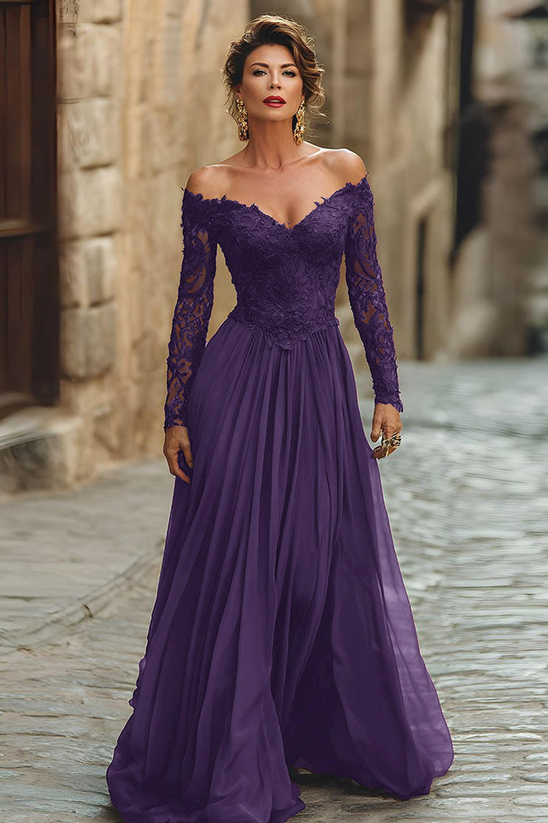 Load image into Gallery viewer, Plum Chiffon A Line Long Sleeves Mother of the Bride Dress with Lace
