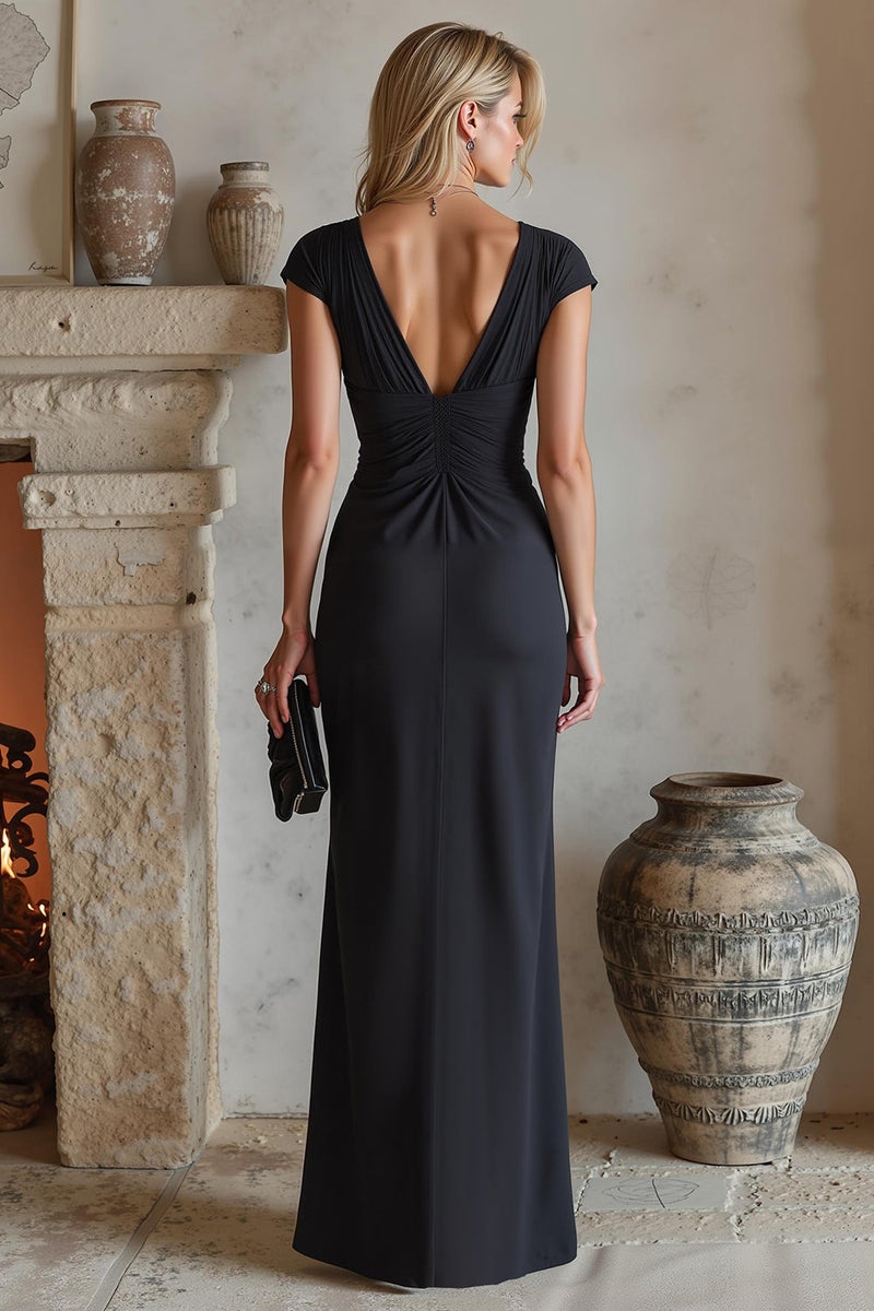 Load image into Gallery viewer, Black Chiffon Ruched Cap Sleeves Long Mother of the Bride Dress with Slit