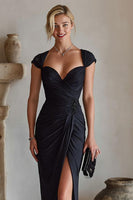 Load image into Gallery viewer, Black Chiffon Ruched Cap Sleeves Long Mother of the Bride Dress with Slit