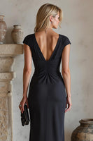 Load image into Gallery viewer, Black Chiffon Ruched Cap Sleeves Long Mother of the Bride Dress with Slit