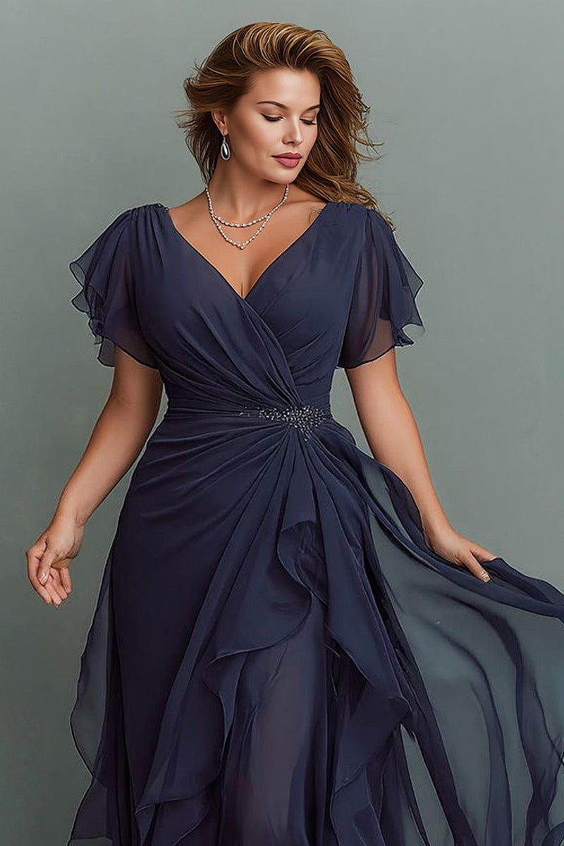 Load image into Gallery viewer, Navy Chiffon Ruched V-Neck Long Mother of the Bride Dress with Ruffles