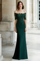 Load image into Gallery viewer, Pine Green Mermaid Off the Shoulder Appliqued Long Mother of the Bride Dress with Sleeves
