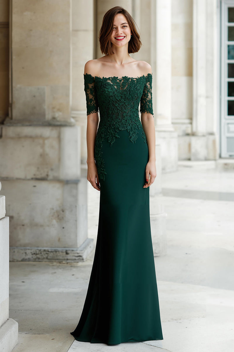Load image into Gallery viewer, Pine Green Mermaid Off the Shoulder Appliqued Long Mother of the Bride Dress with Sleeves