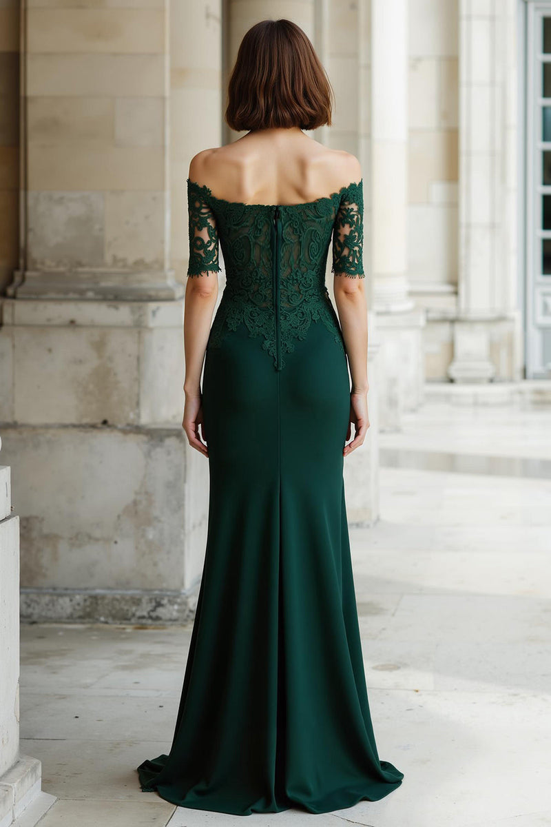 Load image into Gallery viewer, Pine Green Mermaid Off the Shoulder Appliqued Long Mother of the Bride Dress with Sleeves