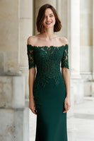 Load image into Gallery viewer, Pine Green Mermaid Off the Shoulder Appliqued Long Mother of the Bride Dress with Sleeves