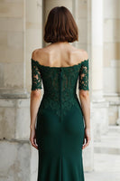 Load image into Gallery viewer, Pine Green Mermaid Off the Shoulder Appliqued Long Mother of the Bride Dress with Sleeves