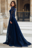 Load image into Gallery viewer, Navy Lace A-Line High Neck Long Sleeves Mother of the Bride Dress
