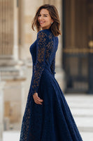 Load image into Gallery viewer, Navy Lace A-Line High Neck Long Sleeves Mother of the Bride Dress
