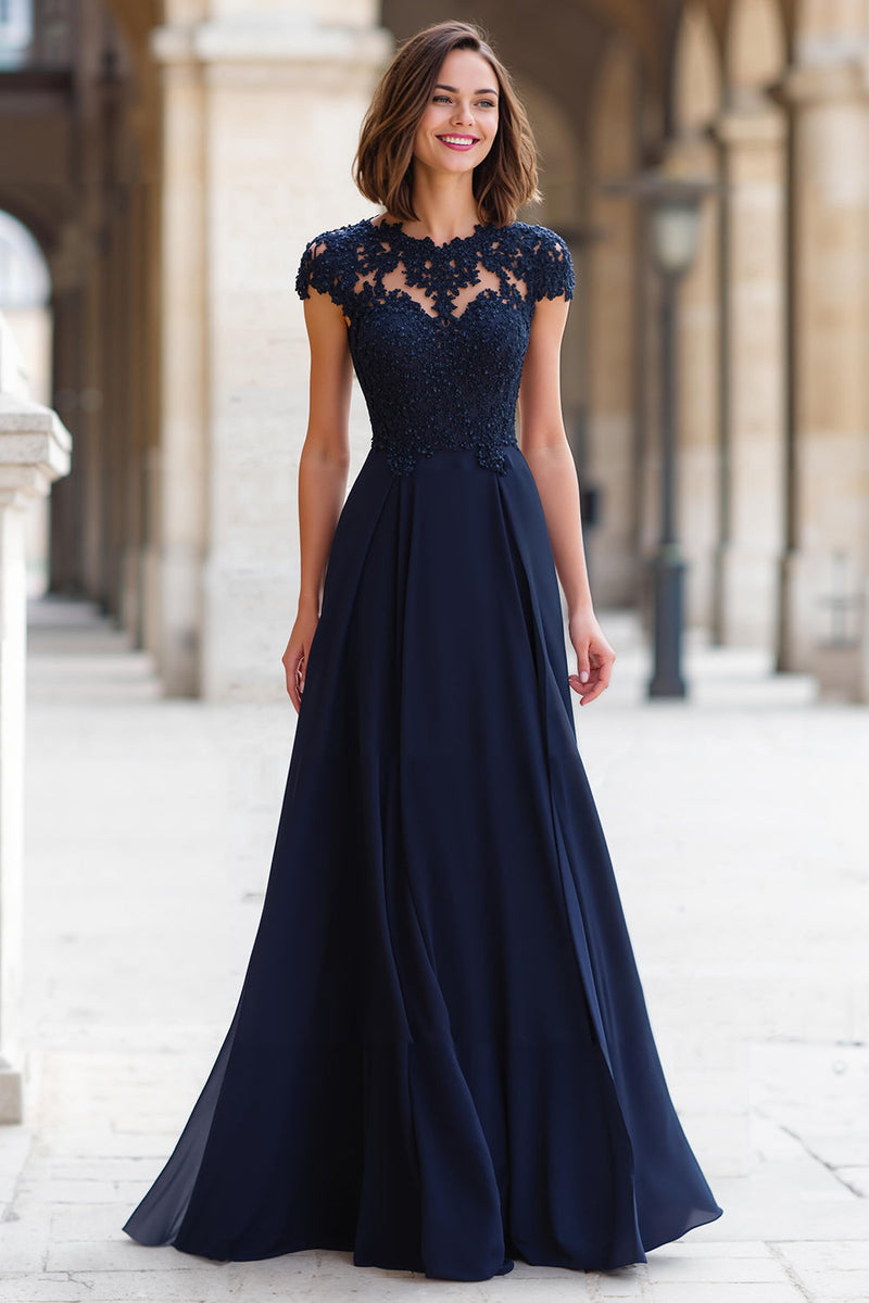 Load image into Gallery viewer, Navy Round Neck Chiffon A-Line Appliqued Long Mother of the Bride Dress