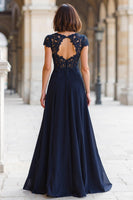 Load image into Gallery viewer, Navy Round Neck Chiffon A-Line Appliqued Long Mother of the Bride Dress