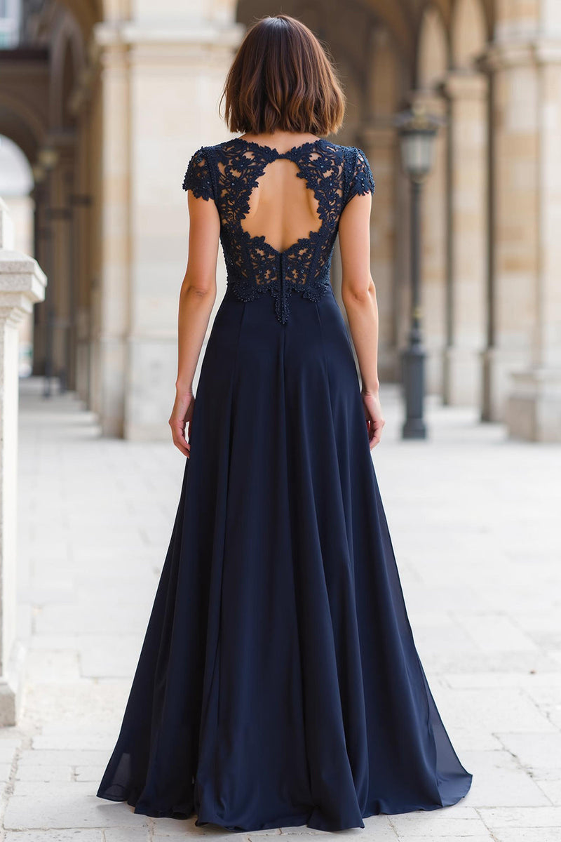Load image into Gallery viewer, Navy Round Neck Chiffon A-Line Appliqued Long Mother of the Bride Dress