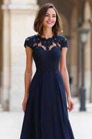Load image into Gallery viewer, Navy Round Neck Chiffon A-Line Appliqued Long Mother of the Bride Dress