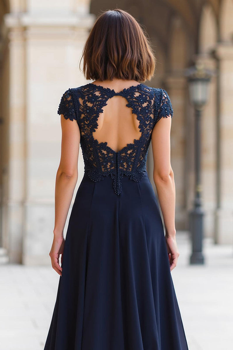 Load image into Gallery viewer, Navy Round Neck Chiffon A-Line Appliqued Long Mother of the Bride Dress
