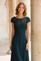 Load image into Gallery viewer, Peacock Green Chiffon Round Neck A-Line Long Mother of the Bride Dress with Sleeves