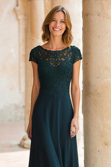 Peacock Green Chiffon Round Neck A-Line Long Mother of the Bride Dress with Sleeves