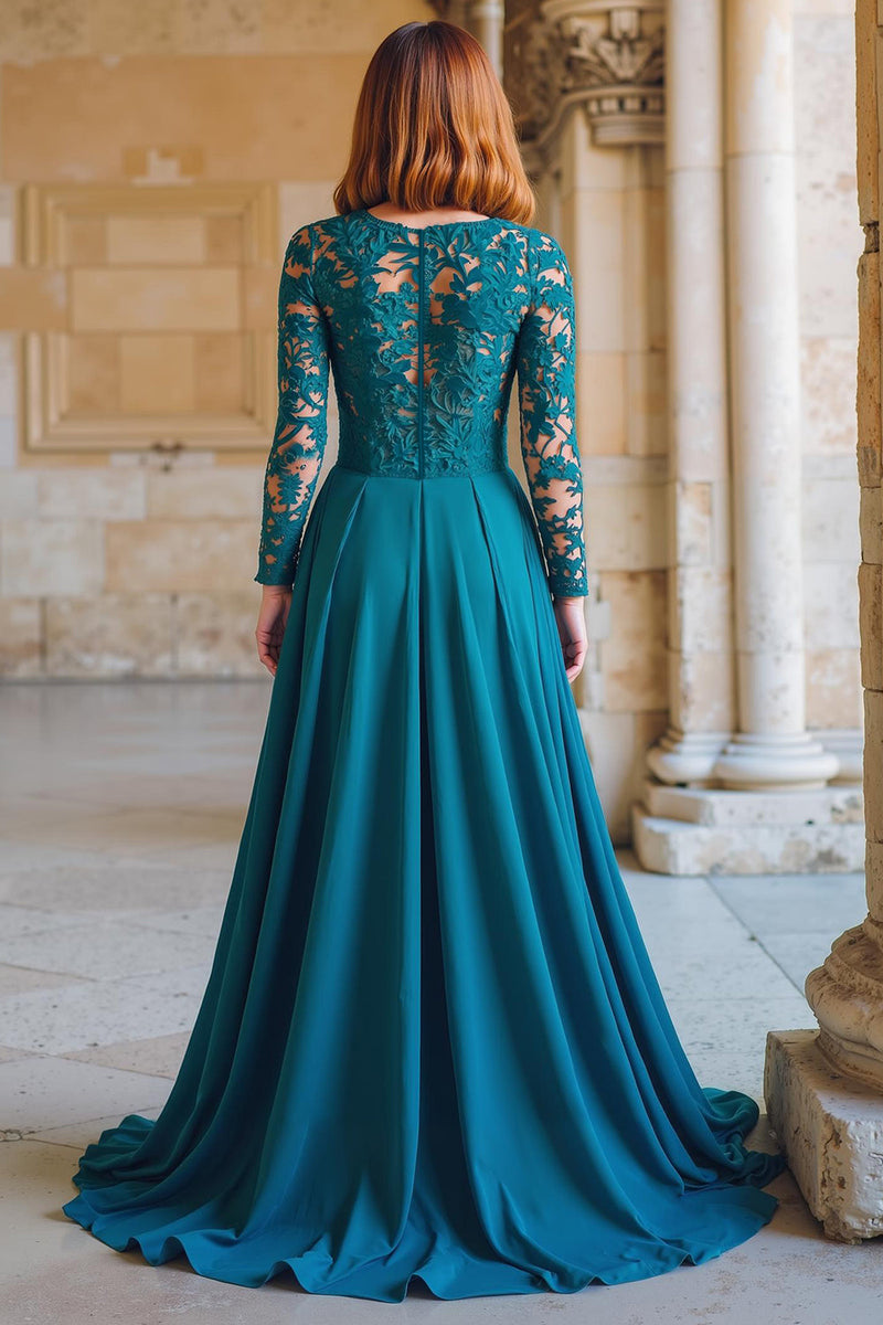 Queendancer Women Peacock Blue Chiffon A-Line Long Mother of the Bride Dress with Lace Round Neck Long Sleeves Wedding Guest Dress – queendancer