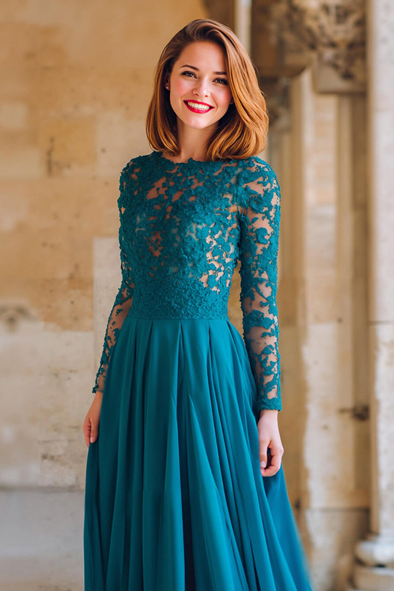 Load image into Gallery viewer, Peacock Blue Chiffon A-Line Round Neck Long Sleeves Mother of the Bride Dress with Lace
