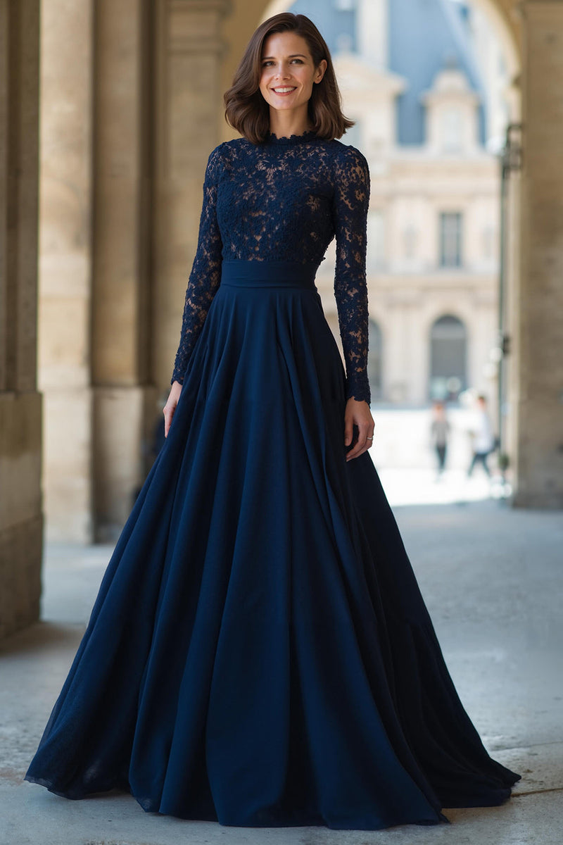 Load image into Gallery viewer, Navy Chiffon High Neck A-Line Long Sleeves Mother of the Bride Dress with Lace